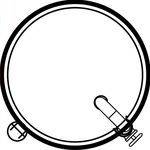 Un dessin simple en noir et blanc d'un objet circulaire avec une valve et des obturateurs, semblable à un pneu de bicyclette.