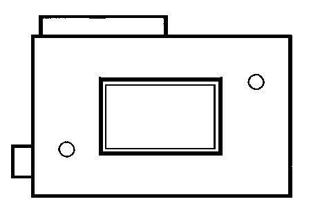 Esquisse en noir et blanc d'un objet rectangulaire avec un écran central et deux boutons ronds ; dessin technique d'un appareil.
