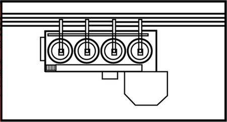 Diagramme d'une structure de moteur à quatre cylindres avec une représentation schématique des cylindres et des pistons, faisant partie d'un moteur à combustion.