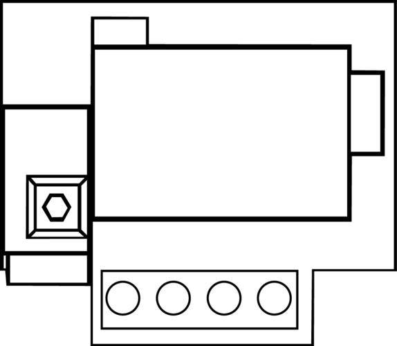 Schéma de circuit d'un appareil électrique avec plusieurs composants rectangulaires et quatre bornes rondes en bas.
