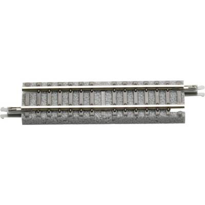 Un morceau de rail de chemin de fer miniature avec traverse grise et rails métalliques, adapté aux projets de modélisme ferroviaire ou de maquettes de train.