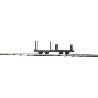 Un petit wagon de transport de maquette vide sur rails, sans chargement ni ornements, sur un fond blanc.