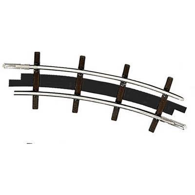 Rail de train miniature avec une légère courbe, composé d'un rail en métal argenté et de traverses brunes sur un support noir.
