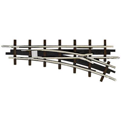 Aiguillage d'un rail de train miniature, rails chromés sur un support en bois sombre, montrant un branchement.