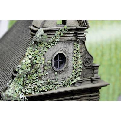 Un vieux bâtiment avec une fenêtre ronde et des plantes grimpantes sur la façade, avec un paysage vert flou en arrière-plan.