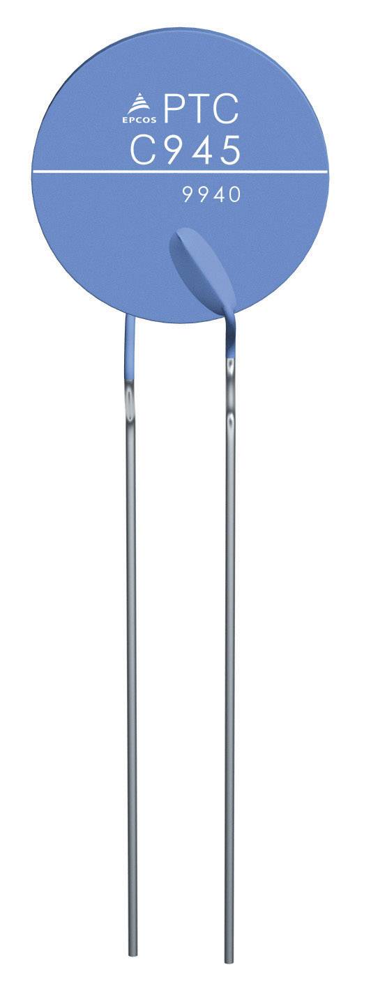 Thermistance PTC bleue avec l'inscription 'EPCOS PTC C945 9940', deux bornes métalliques en bas.