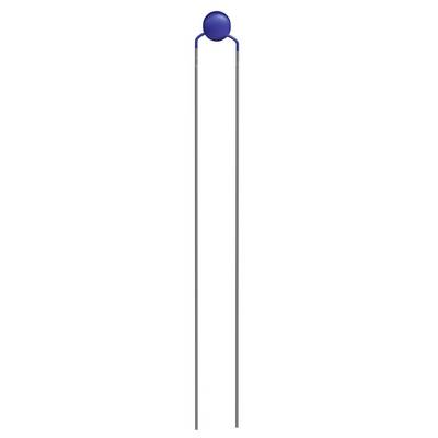 Un résistant électronique bleu, rond, avec deux longues bornes en fil d'argent.