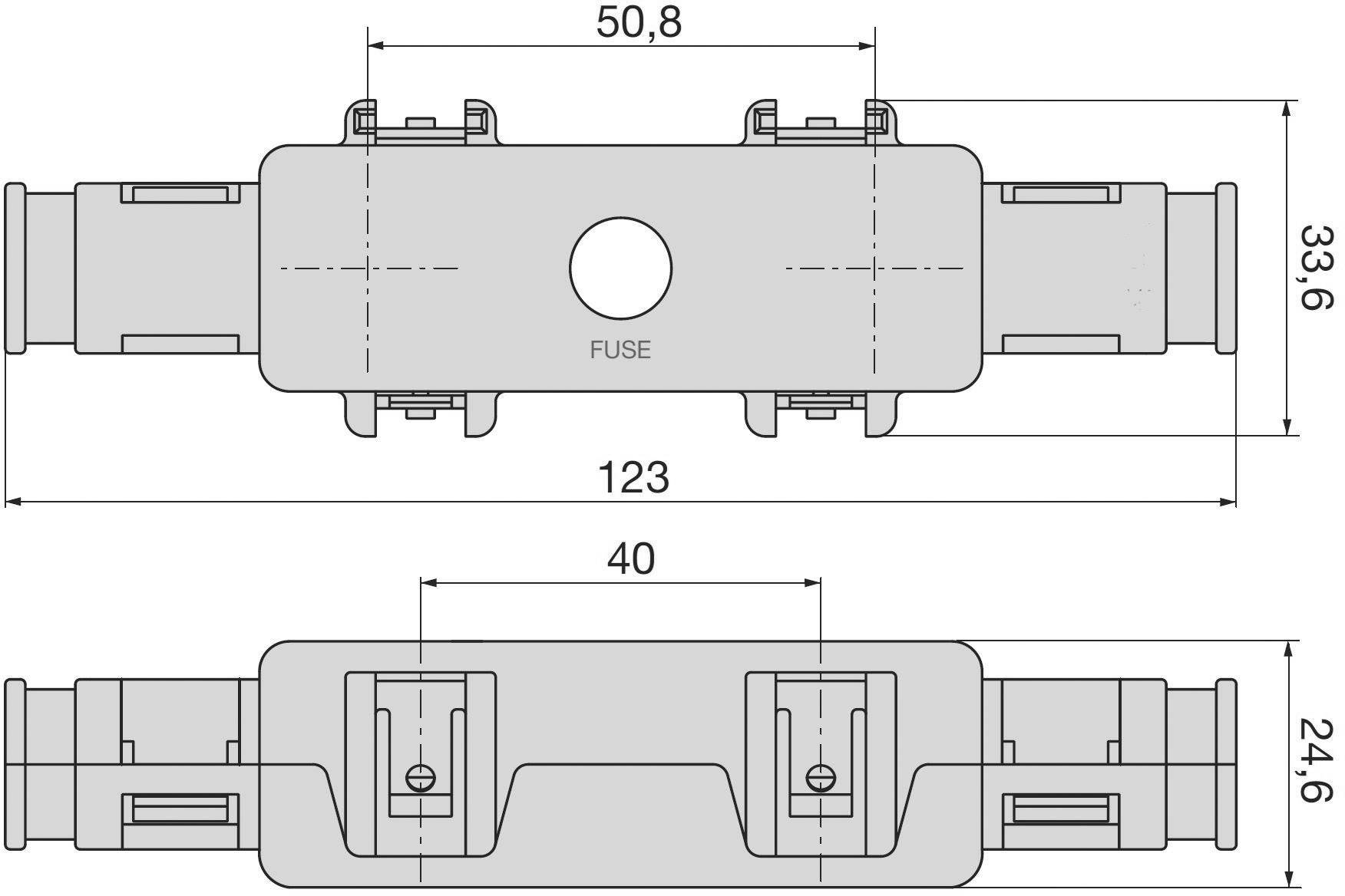 Dessin technique d'un connecteur électrique avec dimensions en millimètres. En haut : 50,8 x 33,6. En bas : 123 x 40 x 24,6.