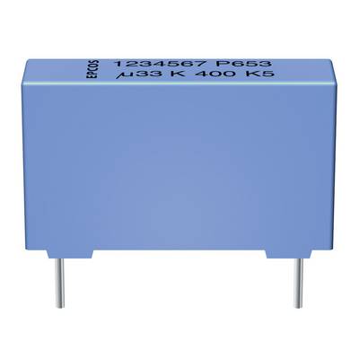 Condensateur bleu portant l'inscription '1234567 P653, 33 K 400 K5', avec deux bornes métalliques en bas.