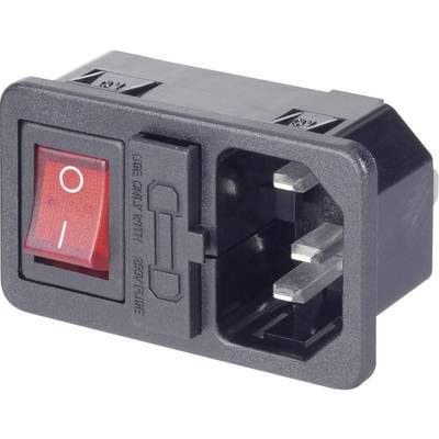 Une fiche d'appareil noire avec un interrupteur à bascule rouge intégré, marquée 'I' pour marche et 'O' pour arrêt, 250V CA.