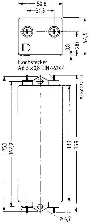 Dimensions d'une pièce rectangulaire avec fiche plate, A6,3 x 0,8 DIN 46244, dimension totale 159 mm x 50,8 mm. Vue latérale : 142,9 mm.