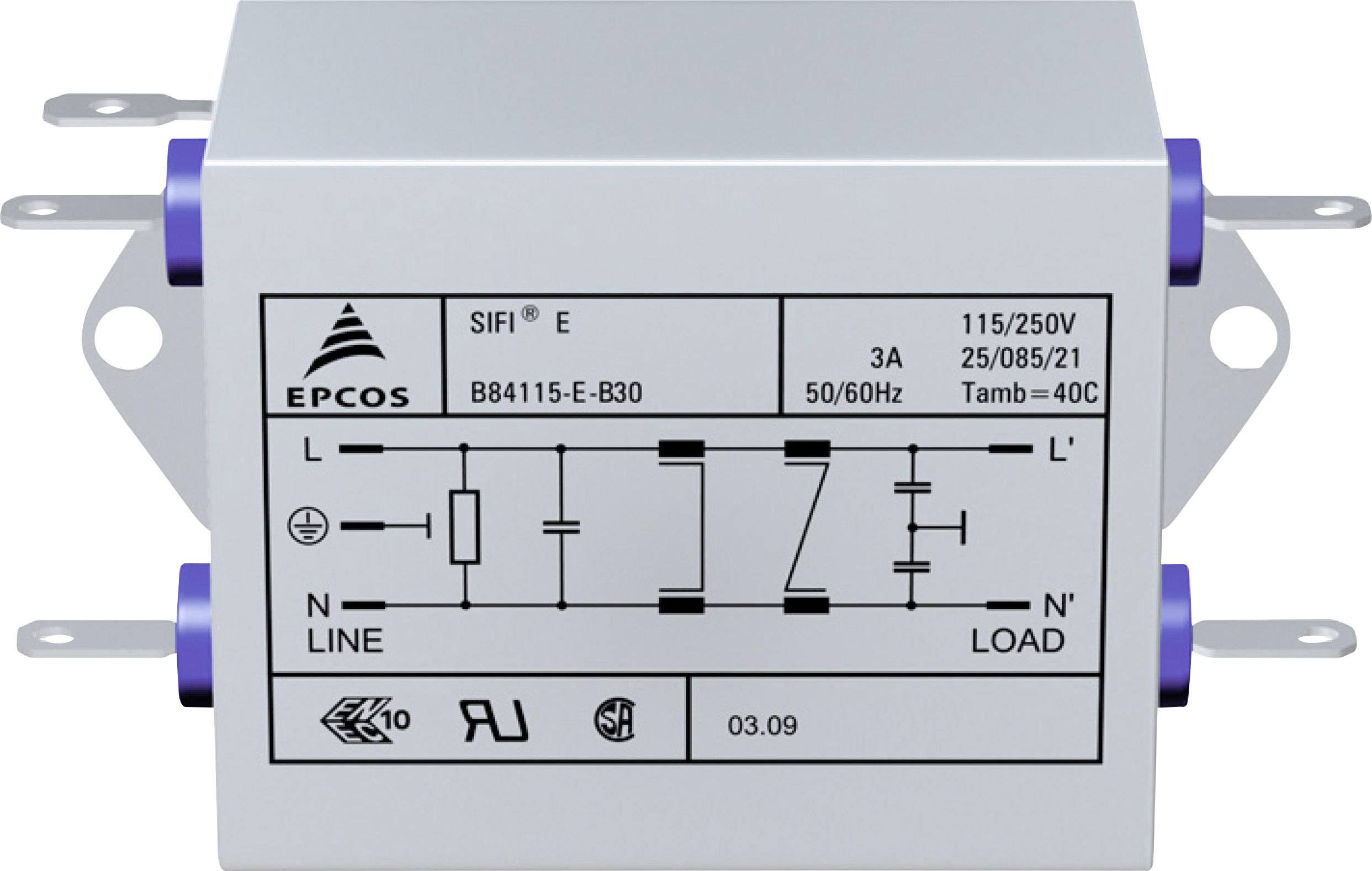 Filtre secteur compact avec détails techniques : Marque Epcos, Modèle SIFI E, Tension 115/250V, Courant 3A, Fréquence 50/60 Hz.