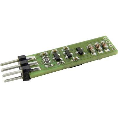 Un module PCB vert rectangulaire avec plusieurs résistances, condensateurs et broches. Utilisé pour le traitement des signaux électriques.