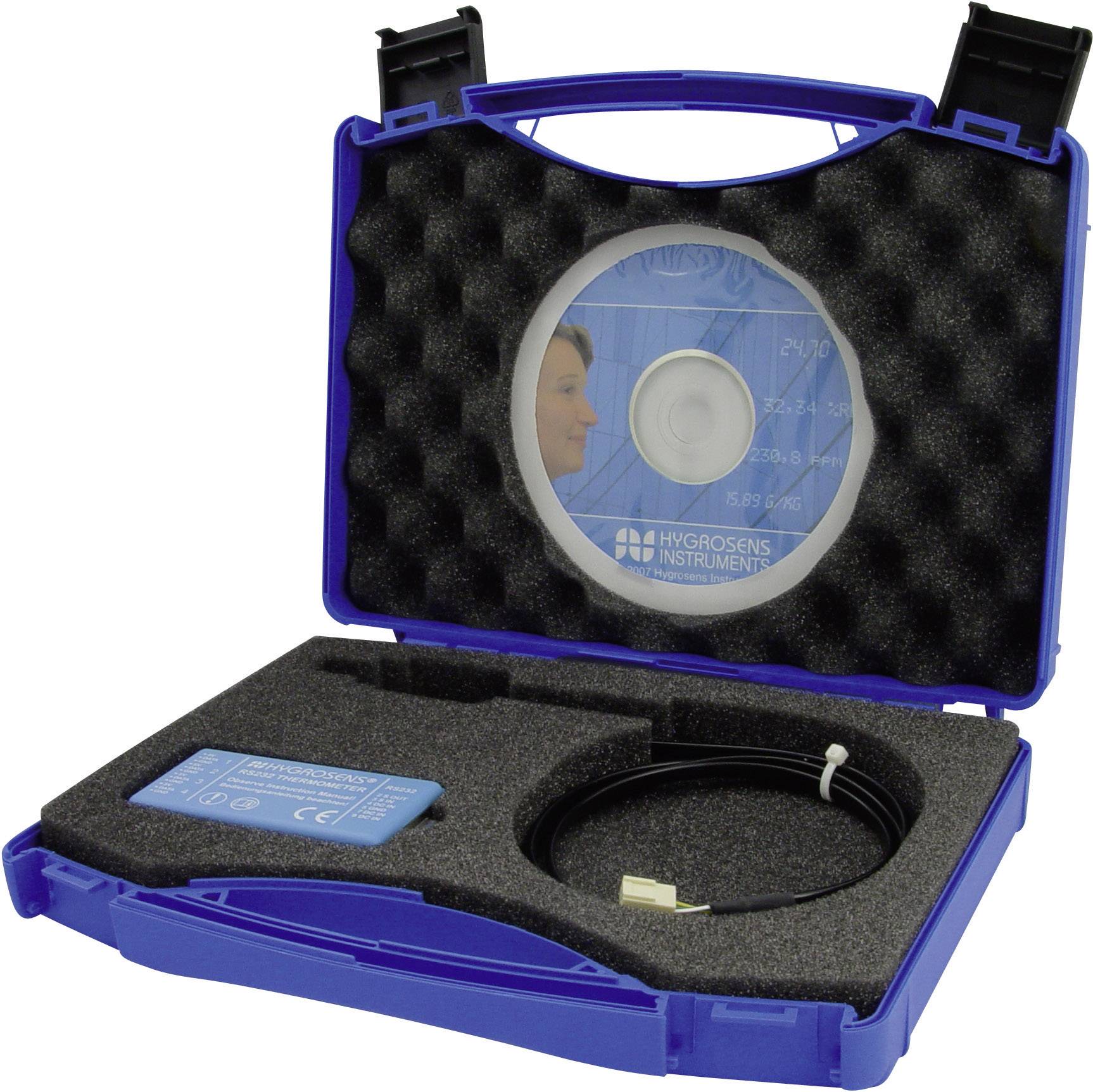 Un boîtier en plastique bleu contient un appareil de mesure, un câble et un CD pour l'analyse de l'air. La mallette est doublée de mousse noire.