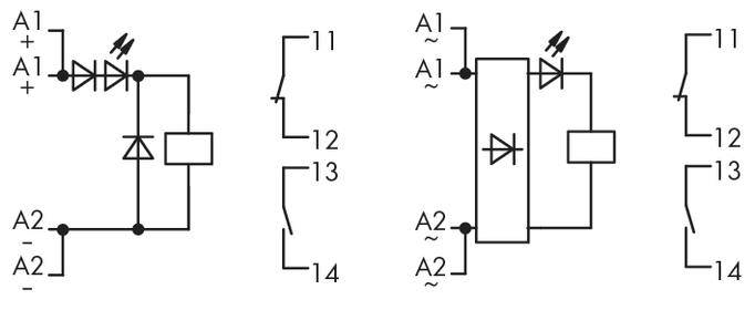 Le schéma de câblage montre deux variantes de circuits différentes avec des diodes et des connexions aux bornes A1, A2 et aux contacts 11-14.