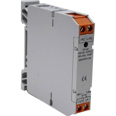 Un relais statique gris avec des détails orange et blancs, présenté avec des bornes et des étiquettes pour installations électriques.