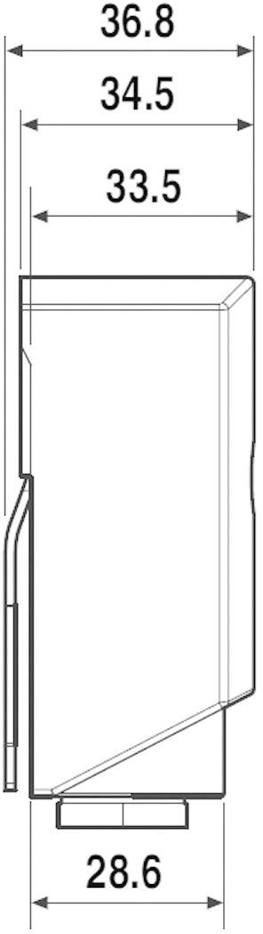 Dessin technique d'un composant avec plusieurs dimensions : largeur en haut 36,8 mm, 34,5 mm, 33,5 mm ; en bas 28,6 mm.