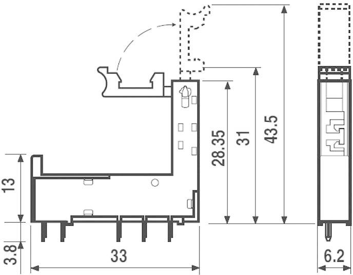Dessin technique d'un connecteur électrique avec dimensions : 33 mm de largeur, 13 mm de hauteur, profondeur de 31 mm à 43,5 mm.