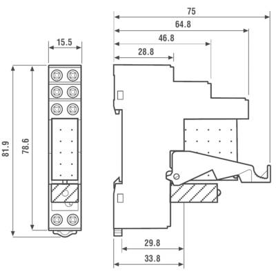 Dessin technique d'un composant électrique avec indications dimensionnelles : hauteur 81,9 mm, largeur 15,5 mm, profondeur 75 mm.
