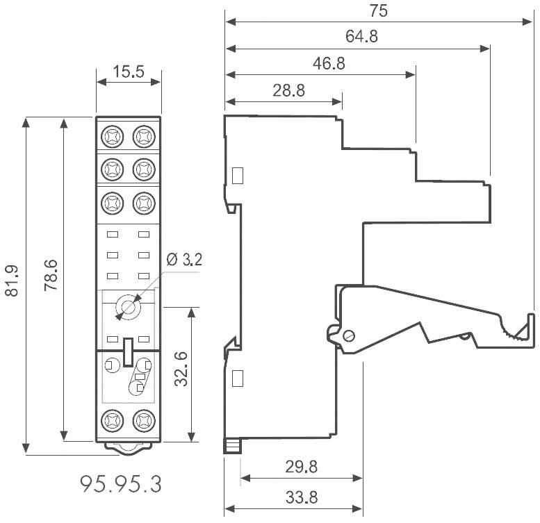 Un dessin technique représente un appareil électrique avec des cotes et des points de fixation. Dimensions principales : 81,9 x 75 x 95,95 mm.