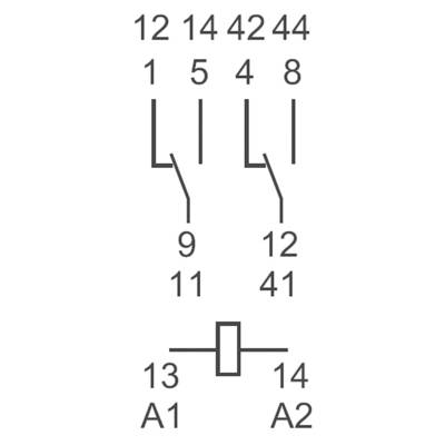 Symbole de commutation pour un relais à deux bobines et quatre contacts, numérotés 12, 14, 42, 44, A1, A2, et les chiffres 1 à 14.