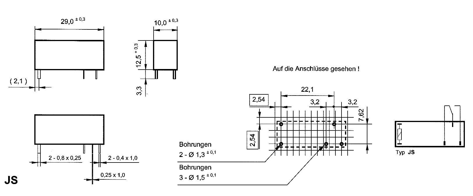 Dessin technique d'un composant électronique avec dimensions et positions des trous de perçage. Vue latérale et vue de dessus. Modèle JS.