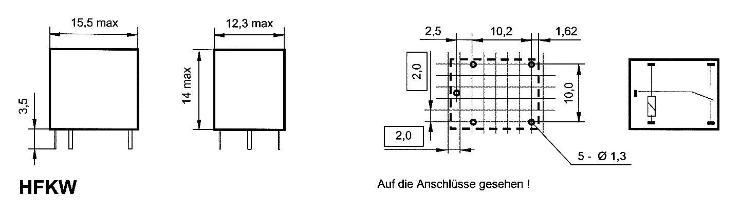 Représentation d'un relais HFC avec dimensions et détails de connexion. À gauche : vue latérale avec mesures, à droite : vue de dessus avec configuration des broches.