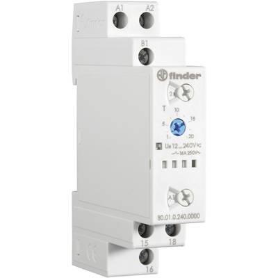 Un module relais blanc de Finder pour montage sur rail DIN, avec une vis de réglage bleue et des bornes à vis marquées A1, A2, B1 et 15, 16, 18.