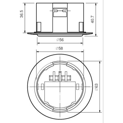 Dessin technique d'un composant circulaire avec des diamètres de 56 mm et 58 mm, une hauteur de 36,5 mm et une largeur totale de 63 mm.