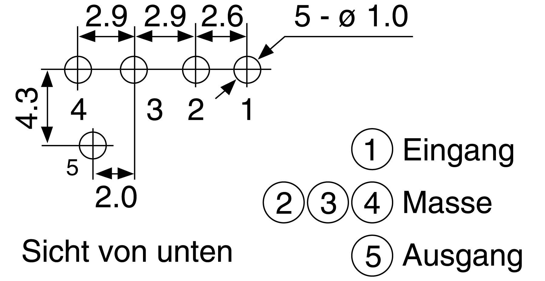 Circuit électrique : Connecteur à cinq broches avec répartition des broches, vue de dessous. Libellé : '1 Entrée, 2, 3, 4 Masse, 5 Sortie'.