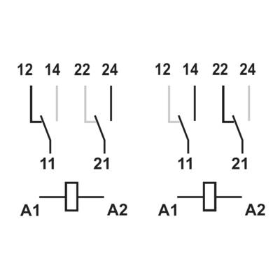 Un schéma de circuit montre deux circuits identiques, chacun doté de deux interrupteurs (12/14, 22/24) et de contacts (11/21) dans cet ordre.