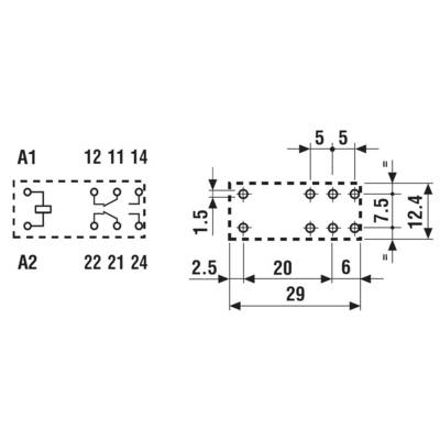 Schéma d'une prise électrique avec répartition des contacts et dimensions en millimètres. Les contacts sont identifiés comme A1, A2, 12, 14, 22, 24.