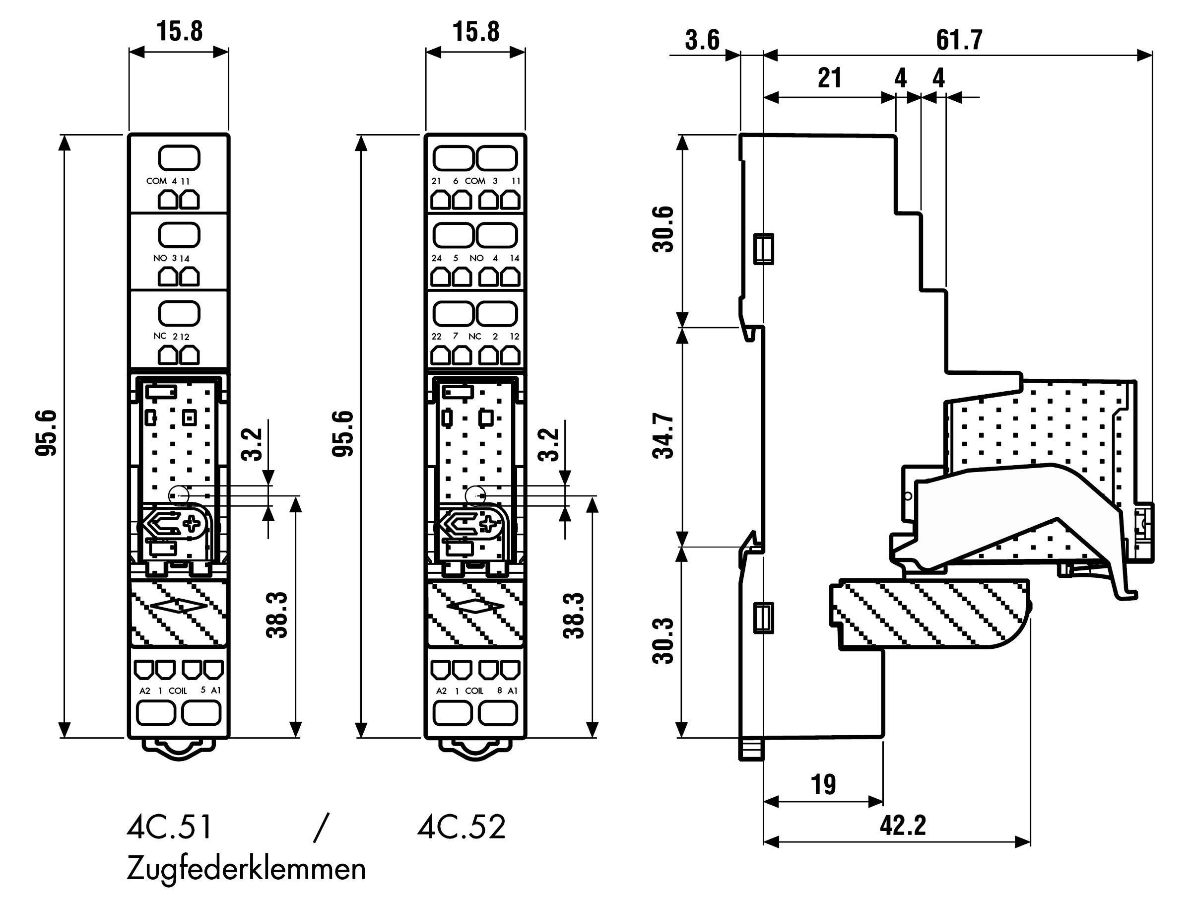 Dessin technique de deux bornes électriques, 4C.51 et 4C.52, avec dimensions en mm et un profil latéral détaillé.