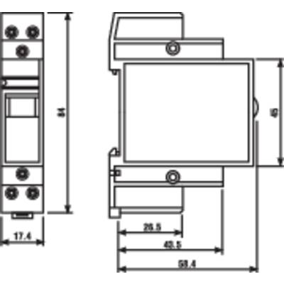 Dessin technique d'un interrupteur électrique avec dimensions : largeur 17,4 mm, hauteur 84 mm, profondeur 63,4 mm. Surface supérieure.