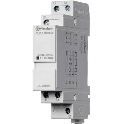 Un module relais 6 pôles de Finder, modèle 70.61, adapté pour des tensions de 208 à 480V AC, représenté avec schéma de câblage.