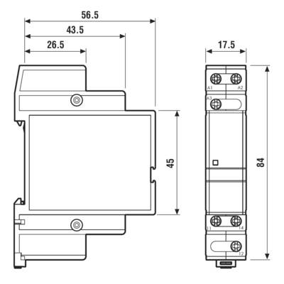 Dessin technique d'un dispositif électronique avec dimensions : largeur 56,5 mm, profondeur 26,5 mm, hauteur 84 mm. Vue de face et vue latérale.