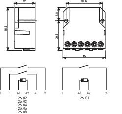 Dessin technique d'un composant électrique avec dimensions : 46,6 x 45 mm. Montre une vue de dessus et un plan de connexion avec les broches A1 et A2.