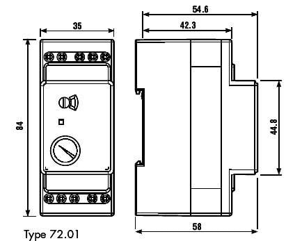 Composant électronique, vue de face et de côté avec dimensions en millimètres : 84x58x35 à l'avant, 54,6x44,8 sur le côté. Désigné comme type 72.01.