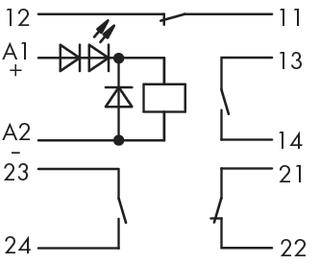 Schéma de circuit avec deux interrupteurs, une diode et un indicateur LED, connectés entre les nœuds A1, A2, 11-14 et 21-24.