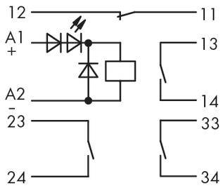 Schéma de câblage d'un relais avec diodes et contacts. Les bornes supérieures et intermédiaires sont étiquetées A1 et A2.