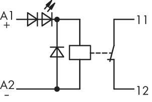 Symbole de commutation d'un relais : Deux diodes et une résistance sont connectées au relais. Les bornes A1, A2, 11 et 12 sont marquées.