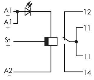Schéma de connexion avec indicateur LED : A1/A2 sont les points d'alimentation. St+ est le contact de commande. Le relais connecte 11 à 12 ou 11 à 14.