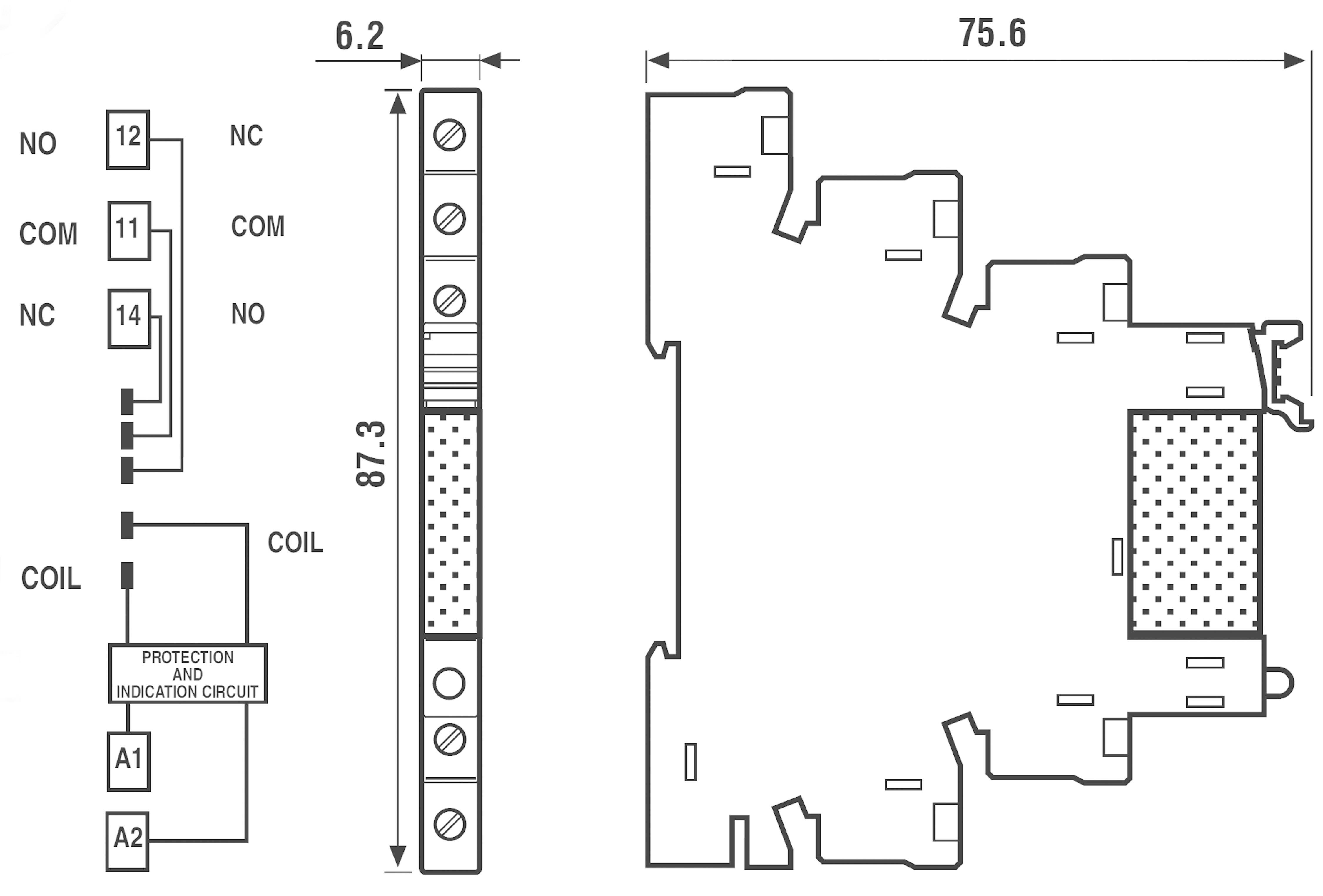 'Schéma de câblage et dimensions d'un module de relais avec circuit de protection et d'indication. À gauche : connexions électriques ; À droite : dimensions mécaniques.'