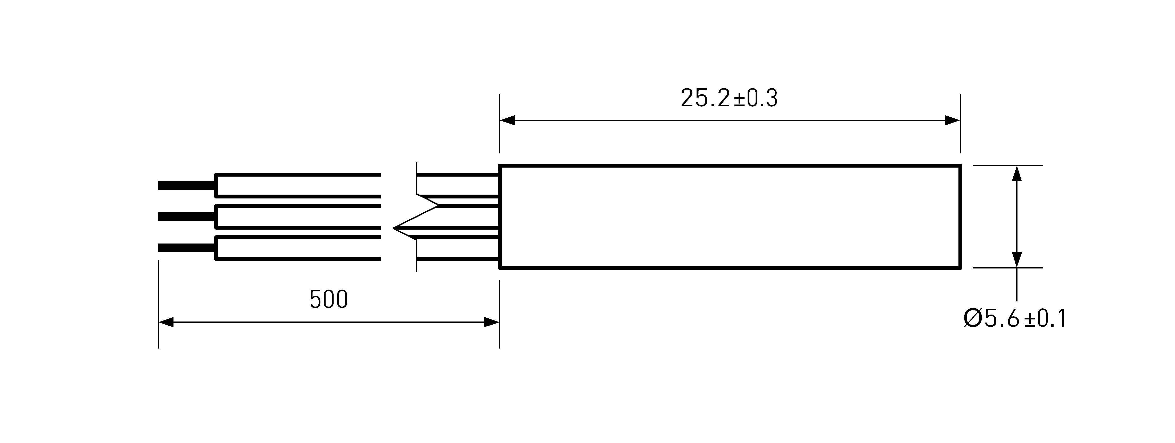 Dessin technique d'un câble rond : longueur 500 mm, diamètre 5,6 ± 0,1 mm, section 25,2 ± 0,3 mm. Contient plusieurs conducteurs.