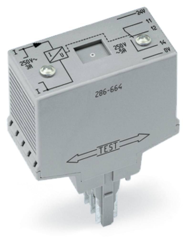 'Relais gris avec inscriptions : 250V 30A, 24V, TEST. Plusieurs connexions électriques et un bouton de test sur la façade.'