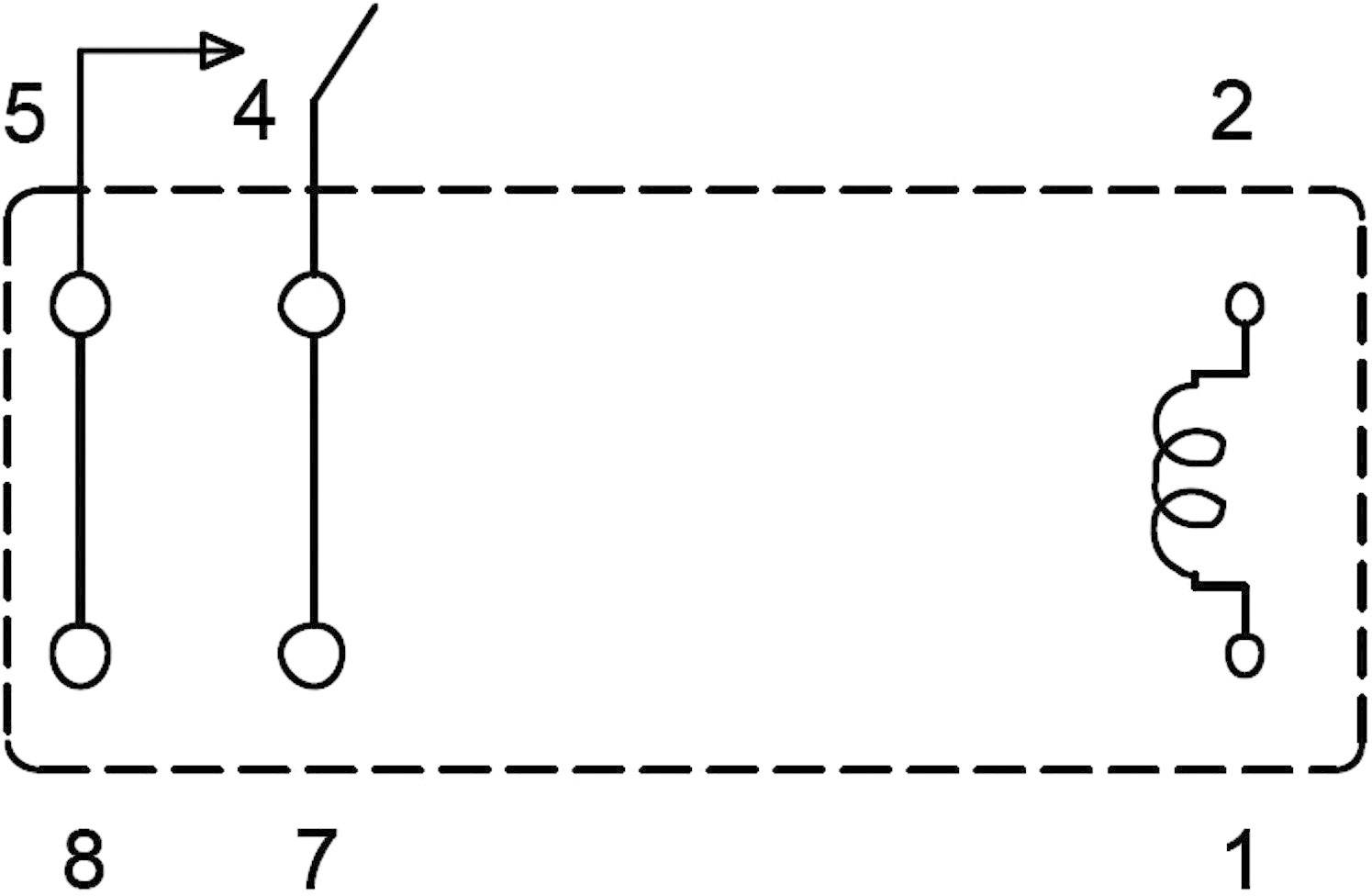 Schéma de principe d'un relais électrique avec bobine sur le côté droit, contacts sur le côté gauche et lignes de connexion entre les deux.