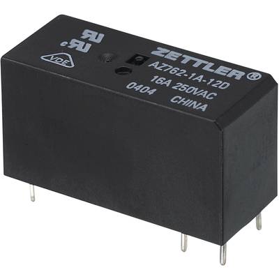 Relais Zettler AZ762-1A-12D noir à quatre broches, 16A 250VAC, fabriqué en Chine, numéro de modèle imprimé sur le dessus.