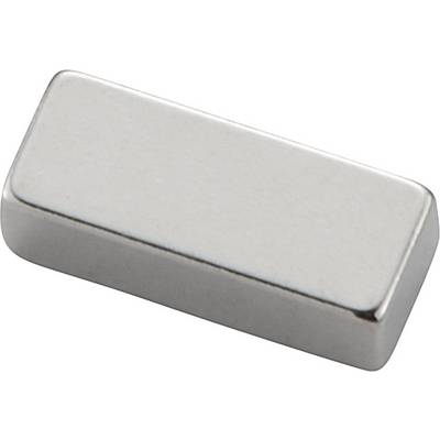 Aimant rectangulaire en néodyme argenté, sur un fond gris.