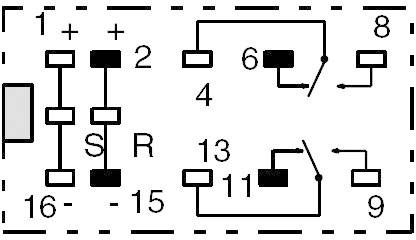 Schéma de circuit d'un relais avec bornes et contacts de commutation. Les chiffres indiquent les bornes, les symboles montrent les fonctions de commutation.