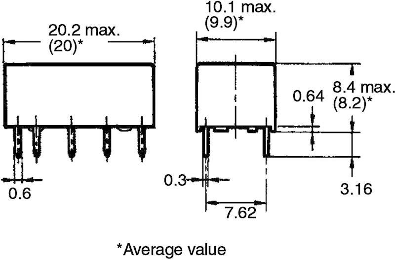 Dessin technique d'un composant électronique, indiquant les dimensions : 20,2 mm de longueur, 10,1 mm de largeur, 8,4 mm de hauteur. L'astérisque signale des valeurs moyennes.